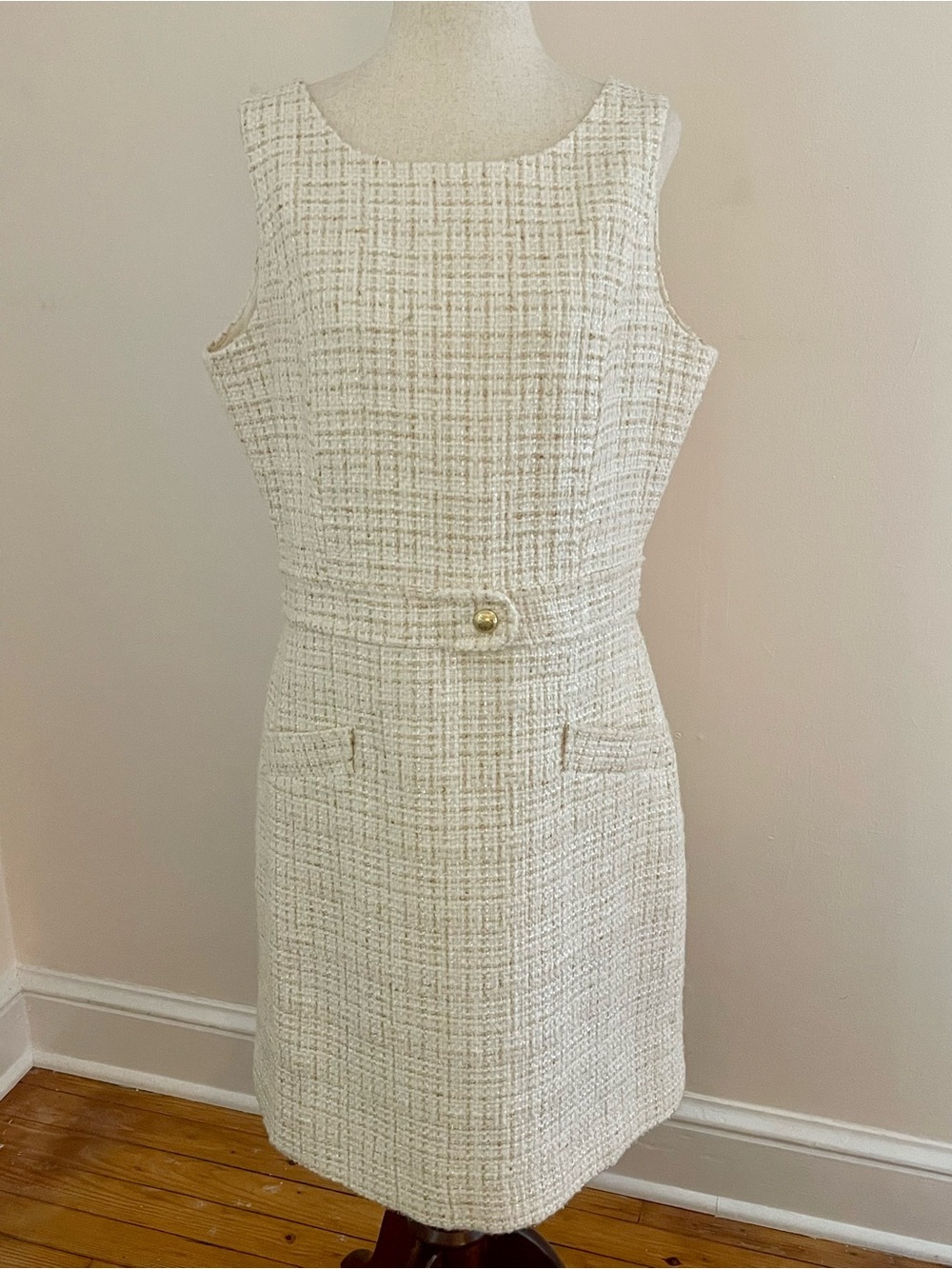 Talbots Wool Blend Boucle Tweed Sheath Dress Ivory Gold Metallic 8